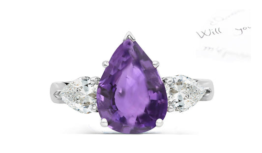 150 custom made unique pear purple sapphire center stone and pear diamond accents three stone engagement ring