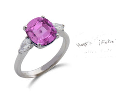 153 custom made unique cushion cut pink sapphire center stone and pear diamond accents three stone engagement ring