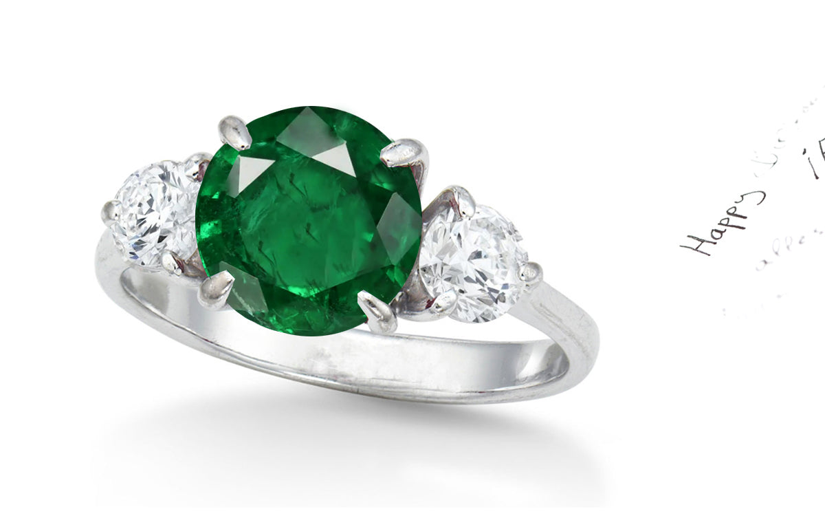 154 custom made unique round emerald center stone and round diamond accents three stone engagement ring