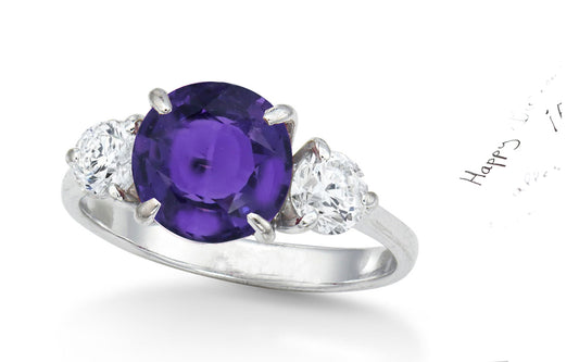 154 custom made unique round purple sapphire center stone and round diamond accents three stone engagement ring