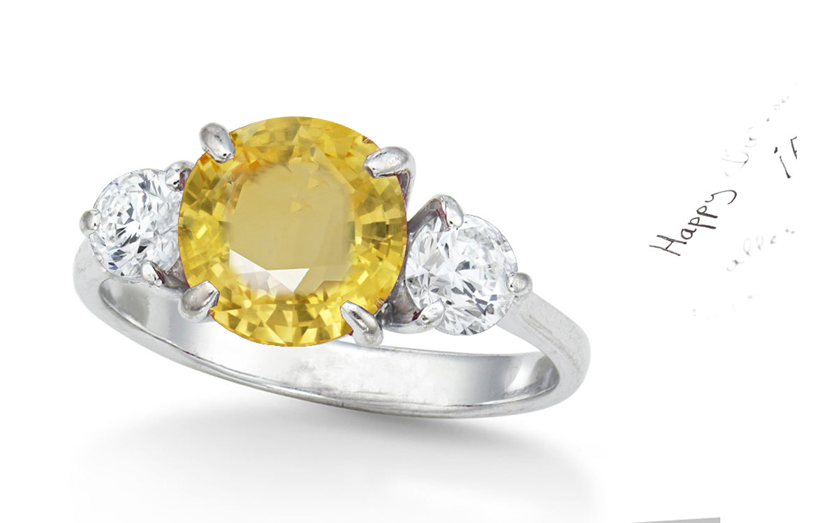 154 custom made unique round yellow sapphire center stone and round diamond accents three stone engagement ring