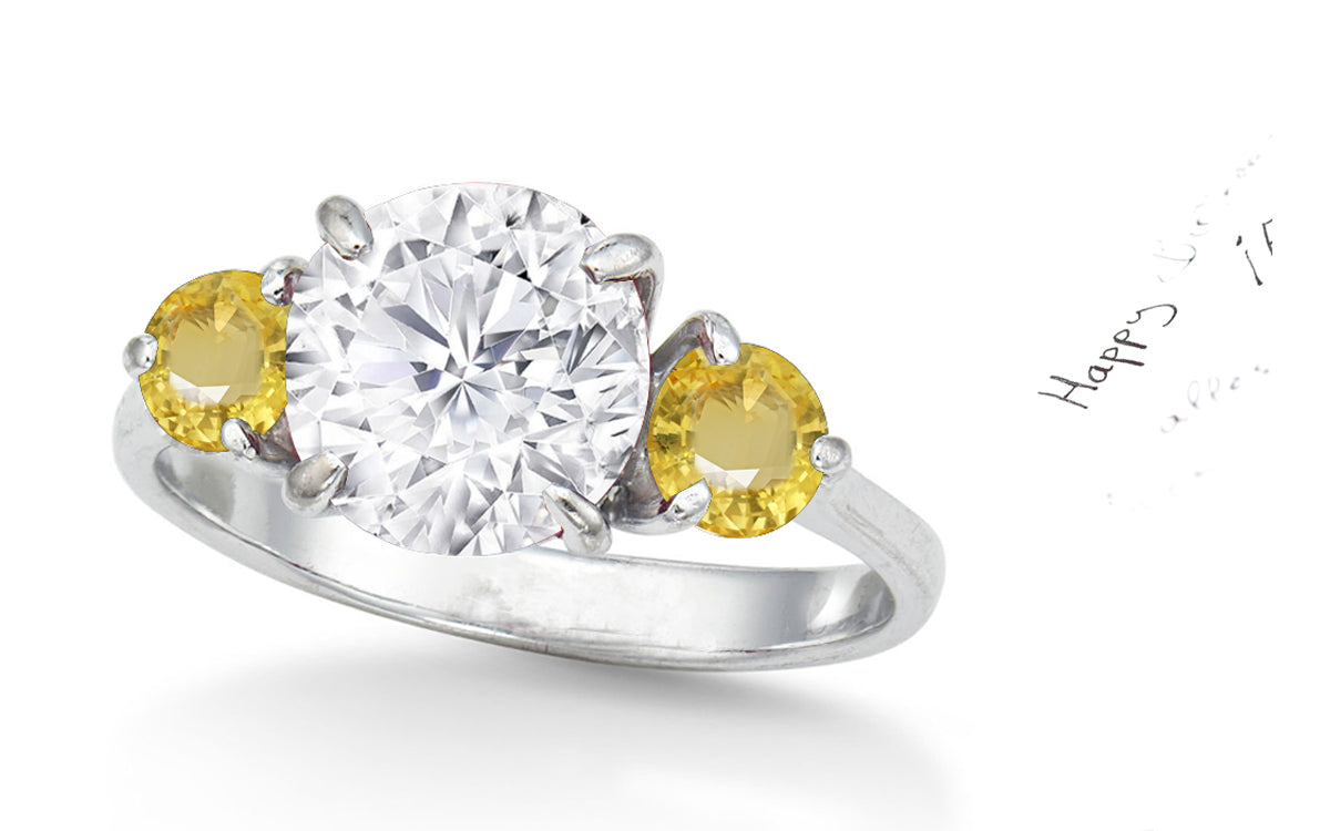 155 custom made unique round diamond center stone and yellow sapphire diamond accents three stone engagement ring