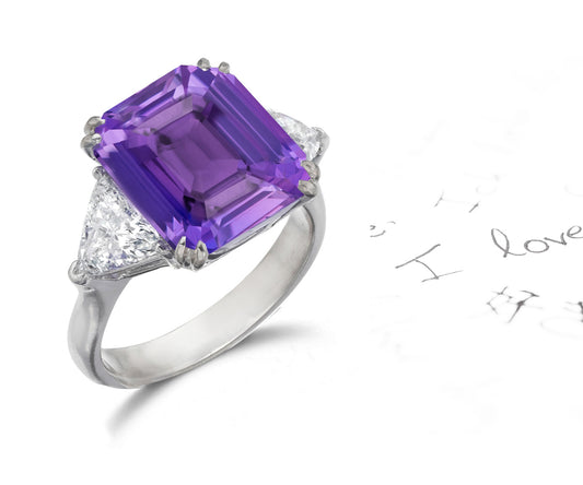 158 custom made unique emerald cut purple sapphire center stone and trillion cut diamond accents three stone engagement ring