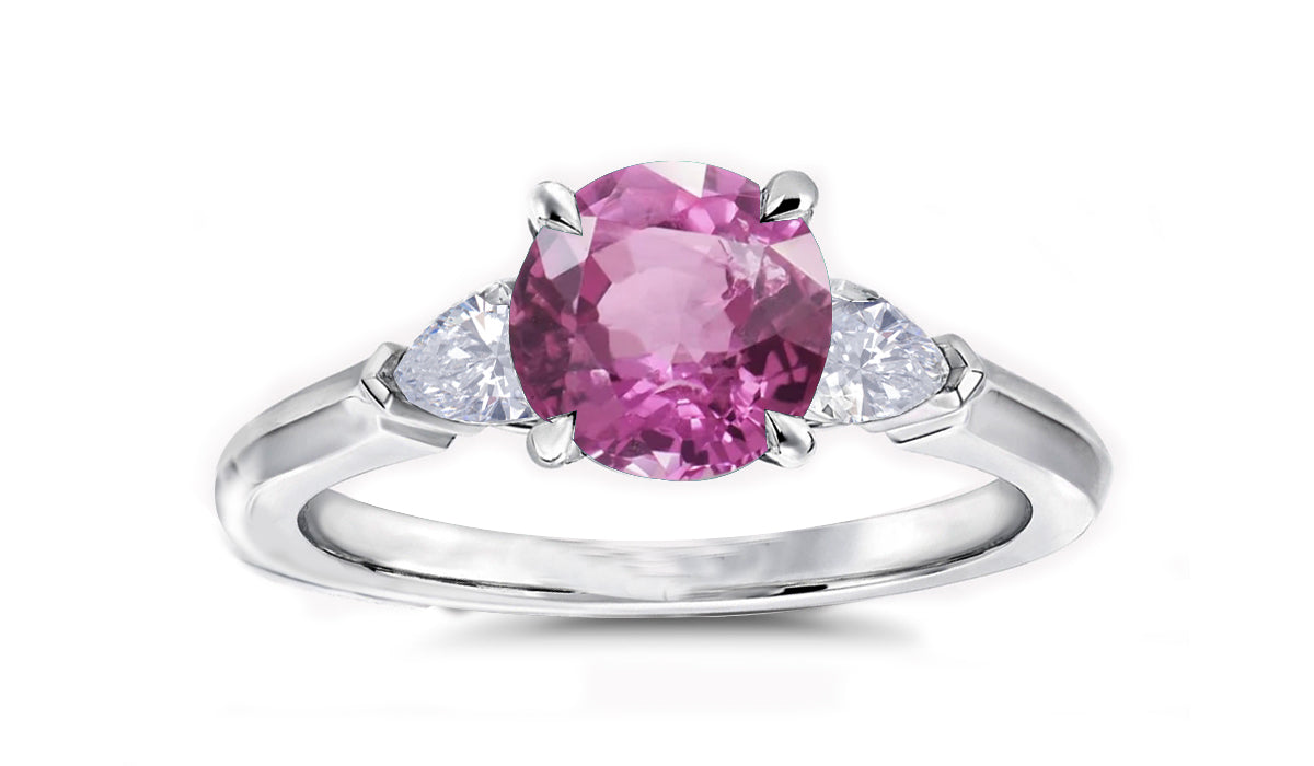 163 custom made unique round pink sapphire center stone and pear diamond accents three stone engagement ring