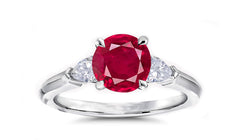 163 custom made unique round ruby center stone and pear diamond accents three stone engagement ring