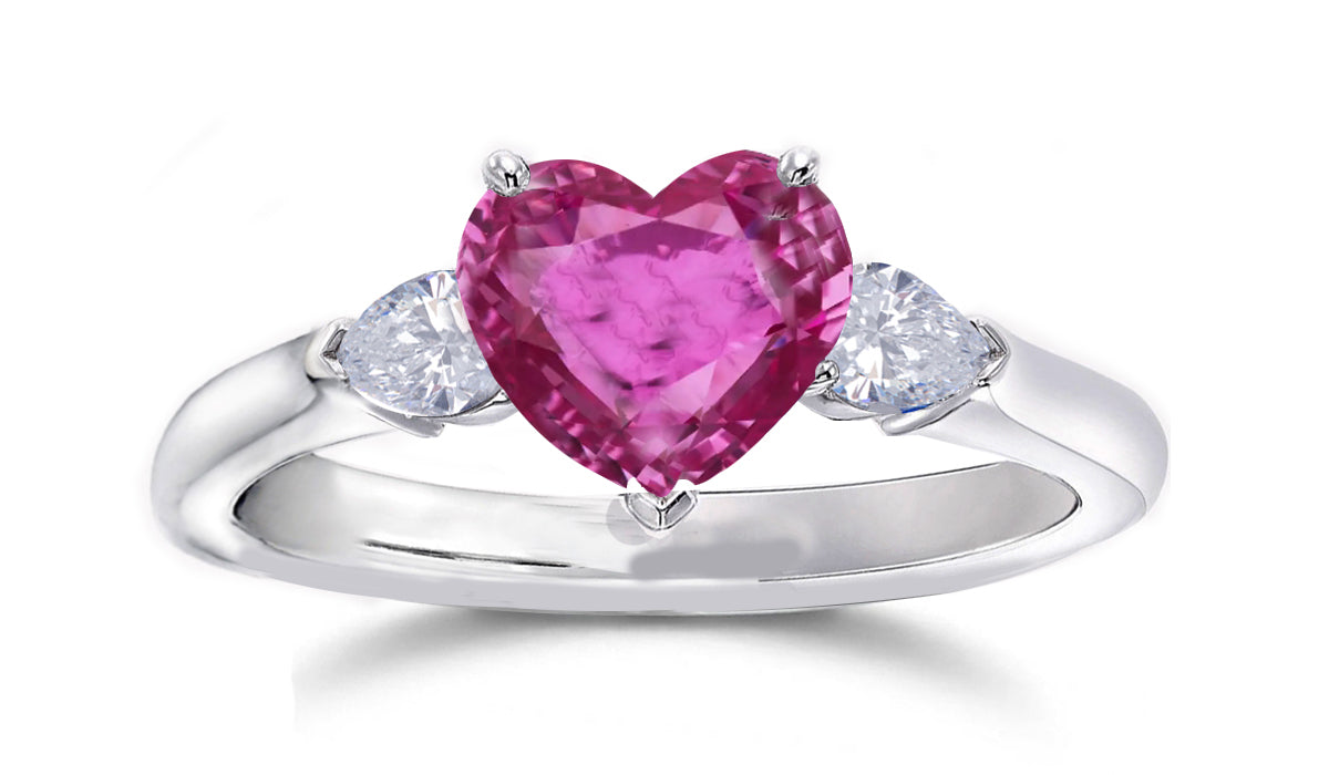 164 custom made unique heart pink sapphire center stone and pear diamond accents three stone engagement ring