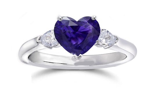 164 custom made unique heart purple sapphire center stone and pear diamond accents three stone engagement ring