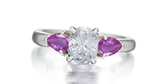 169 custom made unique oval diamond center stone and pear pink sapphire accents three stone engagement ring