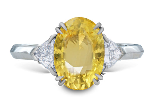 17 custom made unique oval yellow sapphire center stone with trillion diamond accents three stone engagement ring