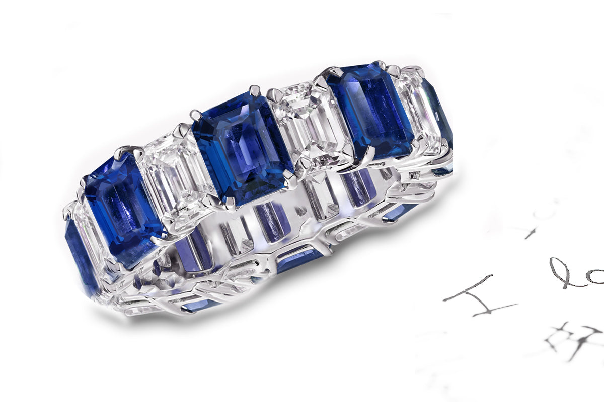 174 custom elegant stackable alternating emerald cut blue sapphire and diamond eternity band wedding anniversary ring