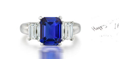 177 custom unique emerald cut blue sapphire and diamond three stone engagement ring