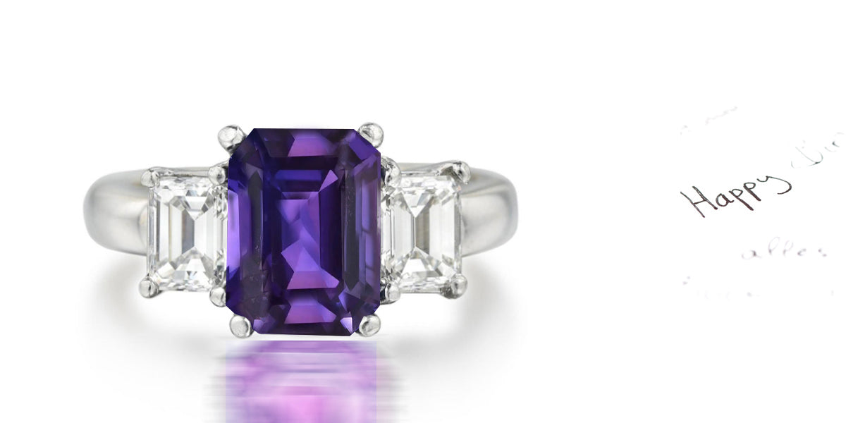 177 custom made unique emerald cut purple sapphire center stone and emerald cut diamond accents three stone engagement ring