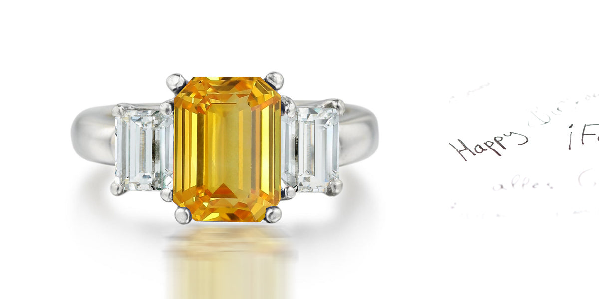 177 custom made unique emerald cut yellow sapphire center stone and emerald cut diamond accents three stone engagement ring