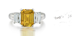 177 custom unique emerald cut yellow sapphire and diamond three stone engagement ring