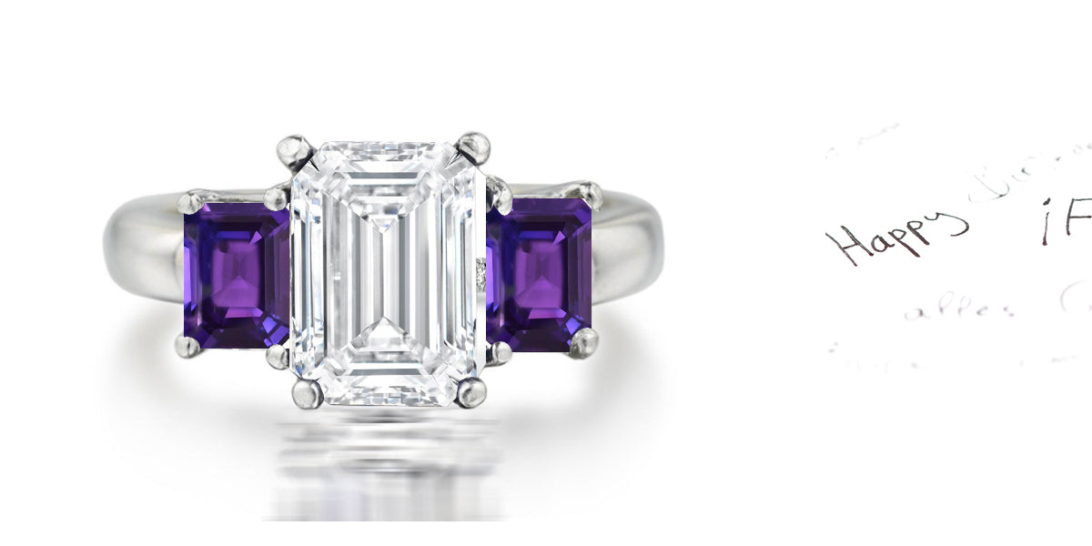 178 custom made unique emerald cut diamond center stone and emerald cut purple sapphire accents three stone engagement ring