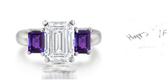 178 custom made unique emerald cut diamond center stone and emerald cut purple sapphire accents three stone engagement ring