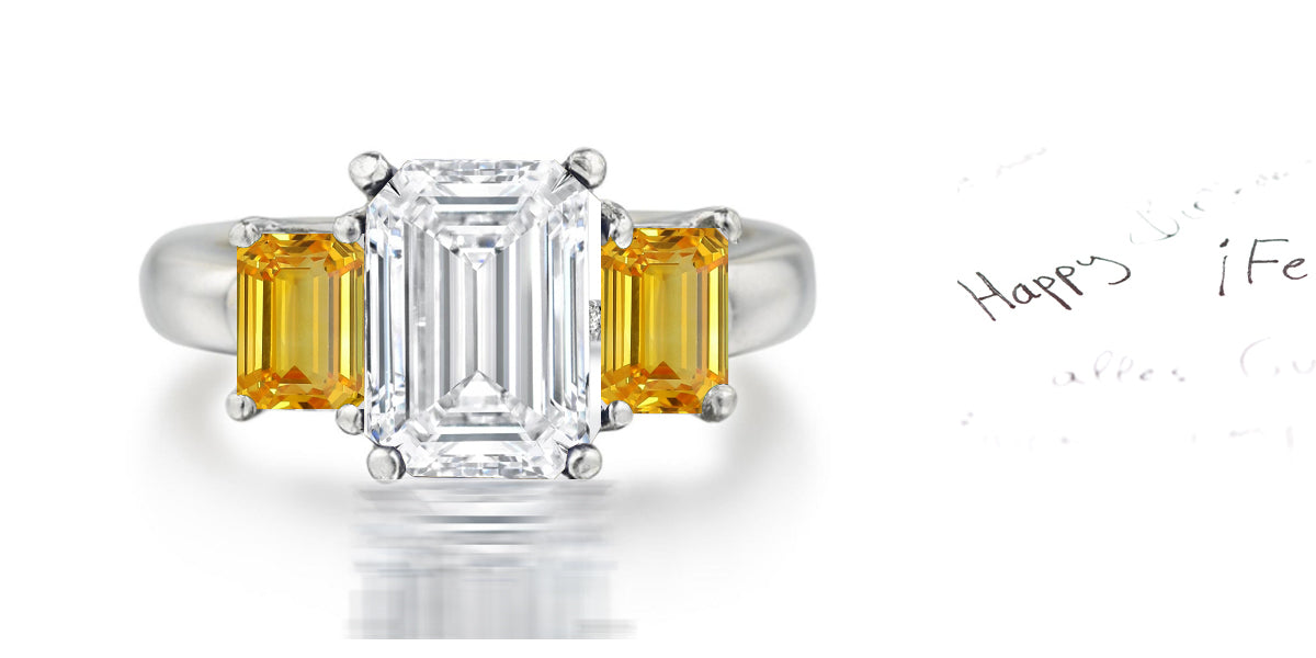 178 custom made unique emerald cut diamond center stone and emerald cut yellow sapphire accents three stone engagement ring