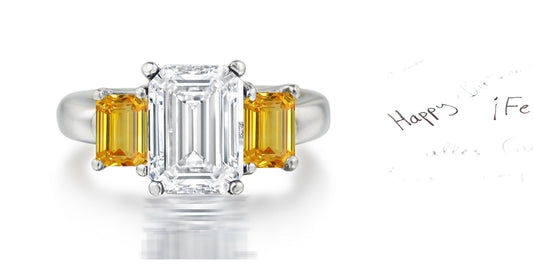 178 custom made unique emerald cut diamond center stone and emerald cut yellow sapphire accents three stone engagement ring