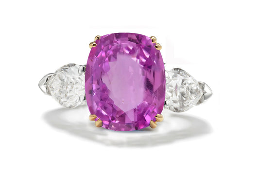 179 custom made unique cushion cut pink sapphire center stone and pear cut diamond accents three stone engagement ring