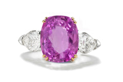 179 custom made unique cushion cut pink sapphire center stone and pear cut diamond accents three stone engagement ring