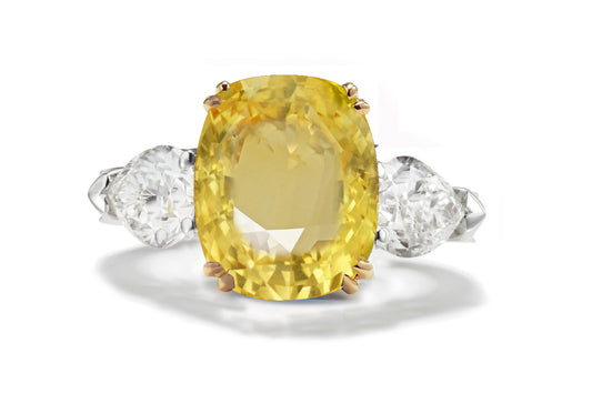 179 custom made unique cushion cut yellow sapphire center stone and pear cut diamond accents three stone engagement ring