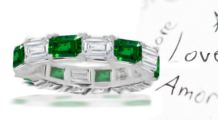 eternity ring with alternating baguette cut emeralds and diamonds