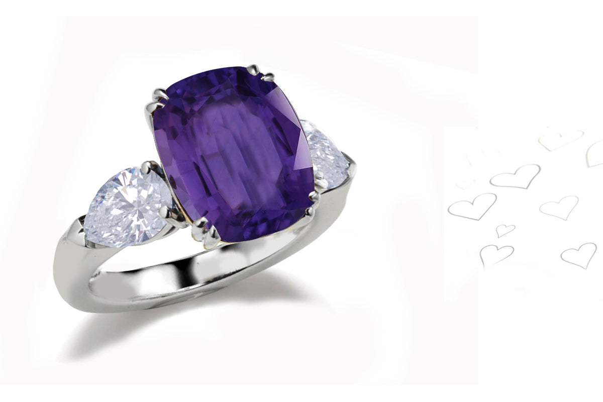 180 custom made unique cushion cut purple sapphire center stone and pear cut diamond accents three stone engagement ring