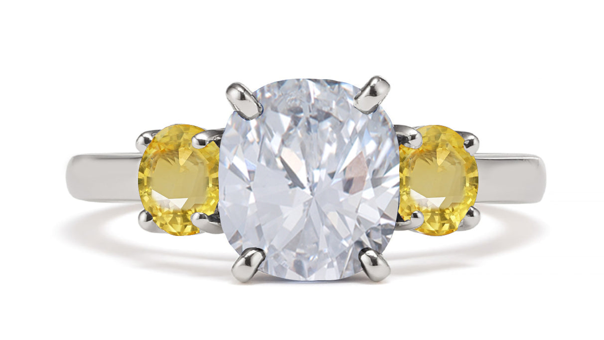 183 custom made unique oval diamond center stone and round yellow sapphire accents three stone engagement ring