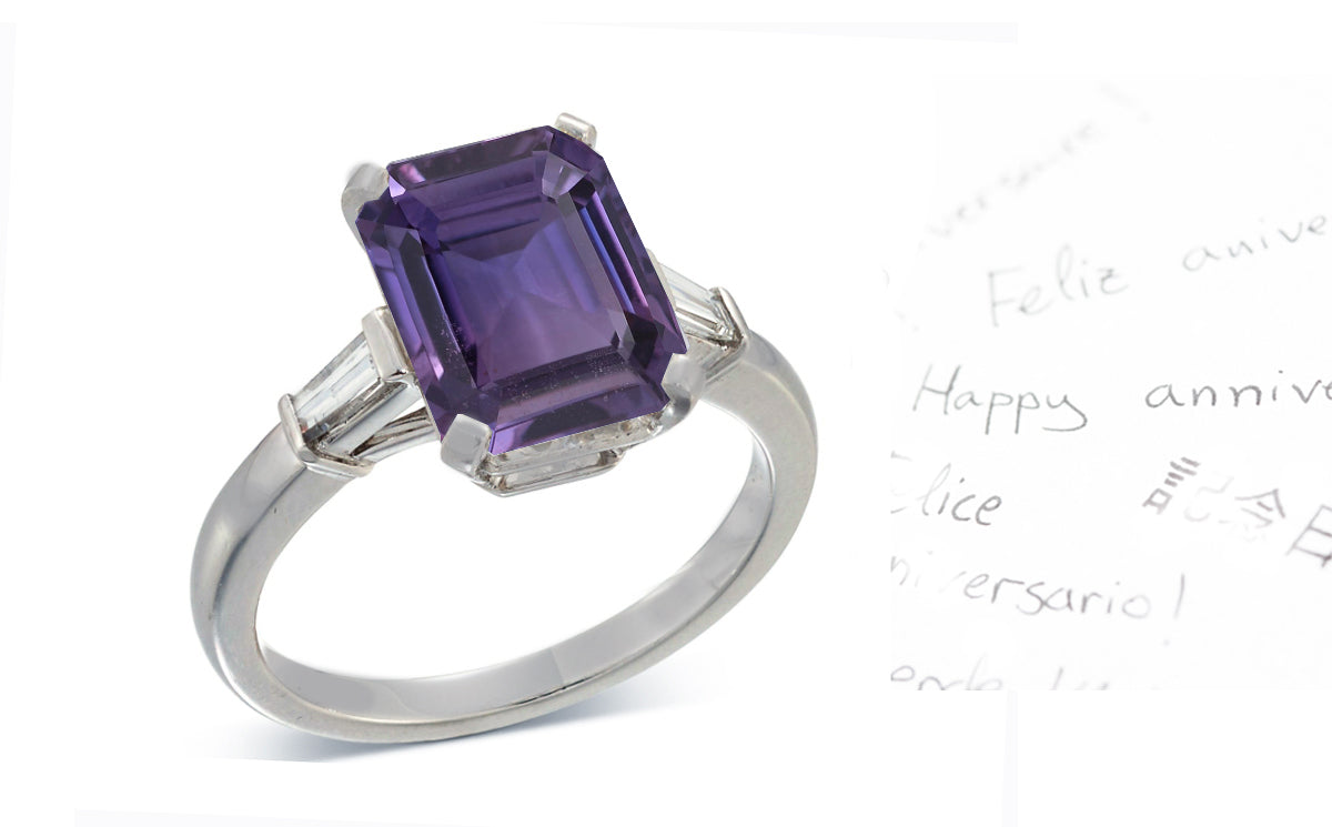 19 custom made unique emerald cut purple sapphire center stone with baguette diamond accents three stone engagement ring