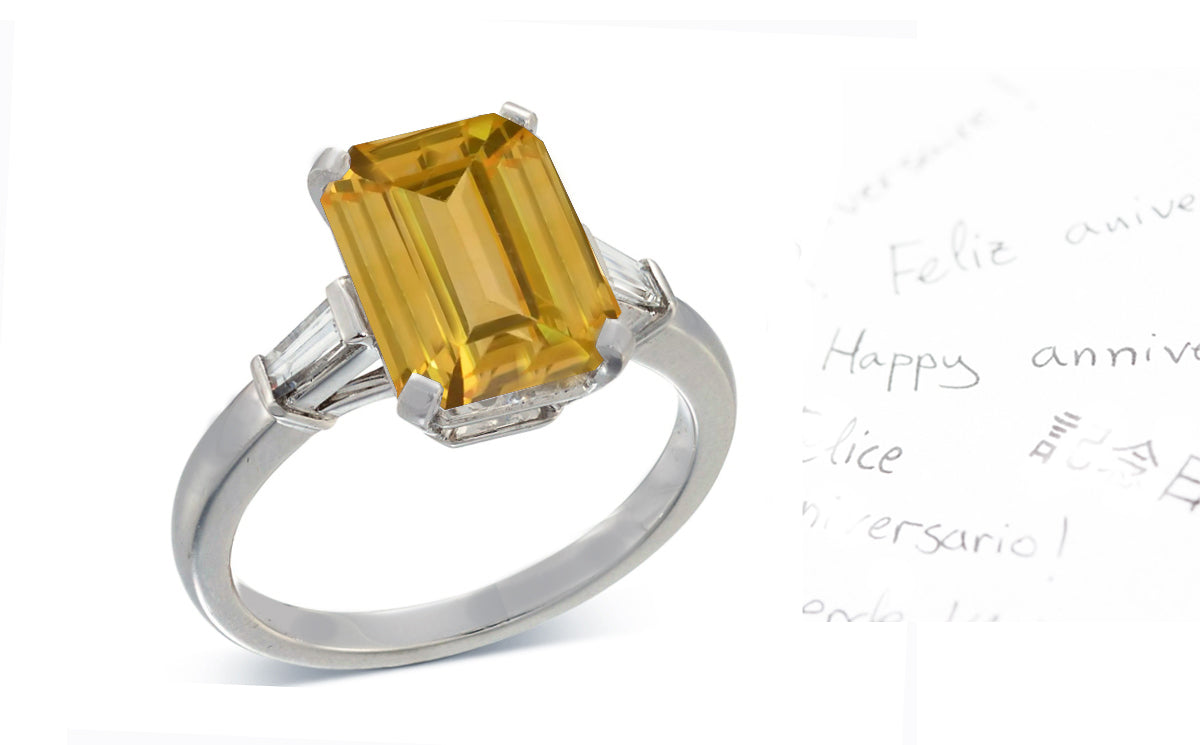 19 custom made unique emerald cut yellow sapphire center stone with baguette diamond accents three stone engagement ring