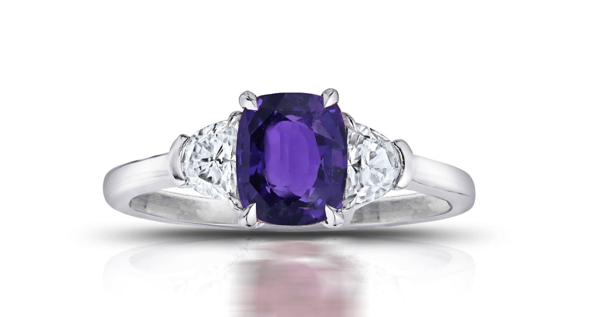 194 custom made unique oval purple sapphire center stone and half moon diamond accents three stone engagement ring