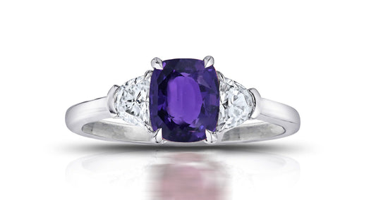 194 custom made unique oval purple sapphire center stone and half moon diamond accents three stone engagement ring