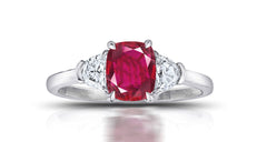 194 custom made unique oval ruby center stone and half moon diamond accents three stone engagement ring