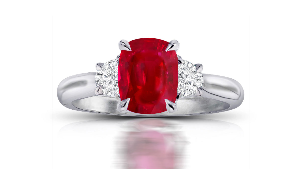 195 custom made unique oval ruby center stone and heart diamond accents three stone engagement ring