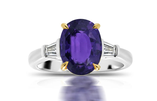 198 custom made unique oval purple sapphire center stone and baguette cut diamond accents three stone engagement ring