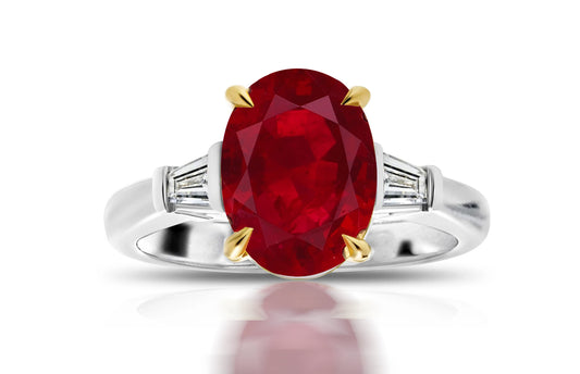 198 custom made unique oval ruby center stone and baguette cut diamond accents three stone engagement ring