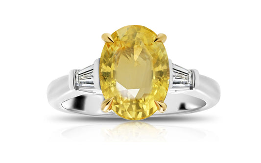 198 custom made unique oval yellow sapphire center stone and baguette cut diamond accents three stone engagement ring