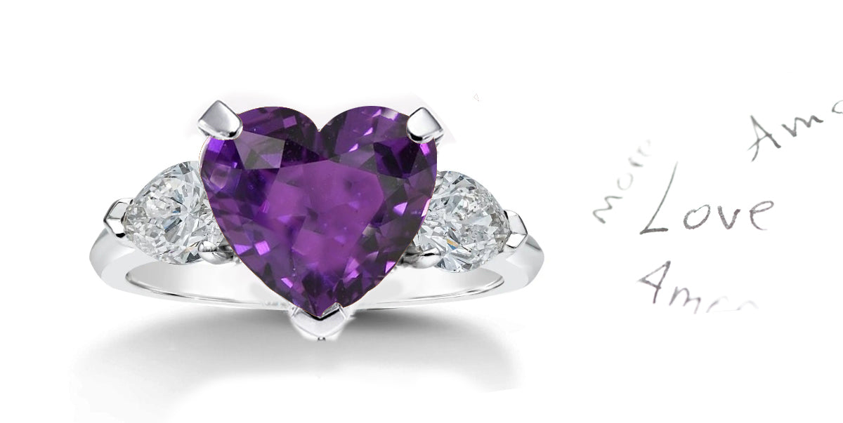 199 custom made unique heart purple sapphire center stone and pear shaped diamond accents three stone engagement ring