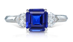 2 custom made unique asscher blue sapphire center stone with heart diamond accents three stone engagement ring