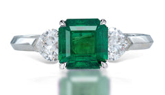 2 custom made unique asscher cut emerald center stone with heart diamond accents three stone engagement ring