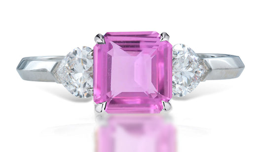 2 custom made unique asscher pink sapphire center stone with heart diamond accents three stone engagement ring