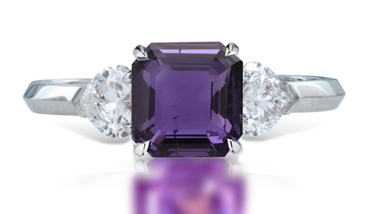 2 custom made unique asscher purple sapphire center stone with heart diamond accents three stone engagement ring