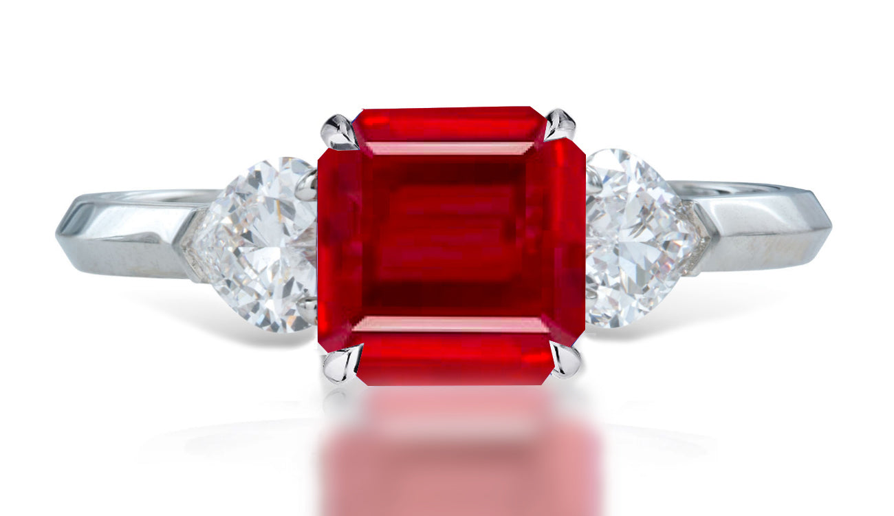 2 custom made unique asscher ruby center stone with heart diamond accents three stone engagement ring