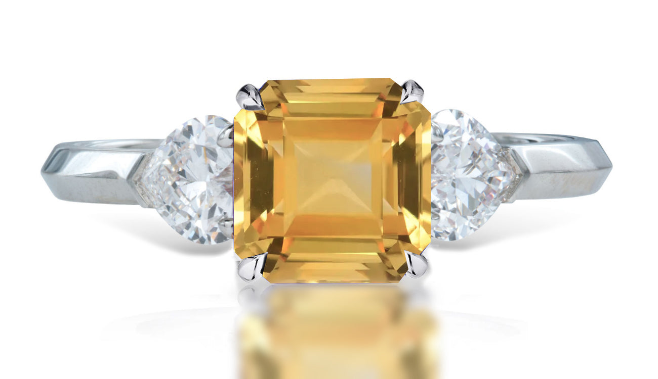 2 custom made unique asscher yellow sapphire center stone with heart diamond accents three stone engagement ring