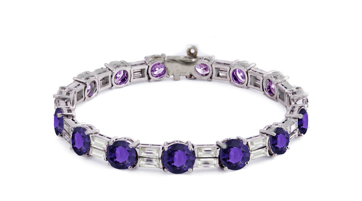 2 custom unique alternating round purple sapphire and baguette diamond tennis bracelet