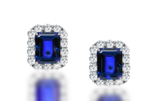 2 custom unique emerald cut blue sapphire and diamond halo earrings