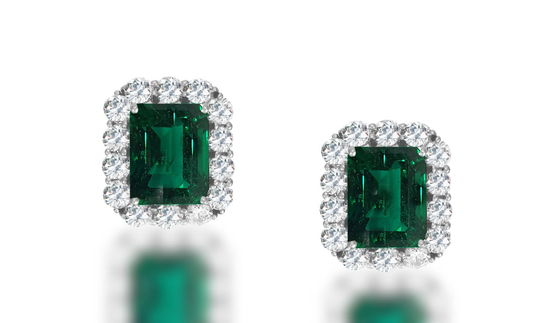 2 custom unique emerald cut emerald and diamond halo earrings