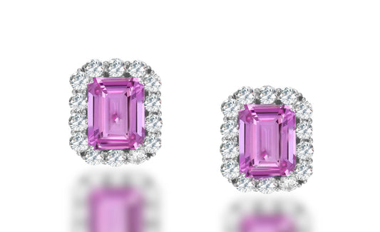 2 custom unique emerald cut pink sapphire and diamond halo earrings