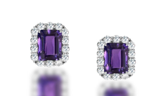 2 custom unique emerald cut purple sapphire and diamond halo earrings