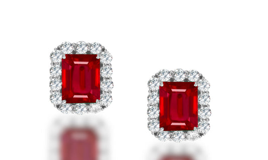 2 custom unique emerald cut ruby and diamond halo earrings